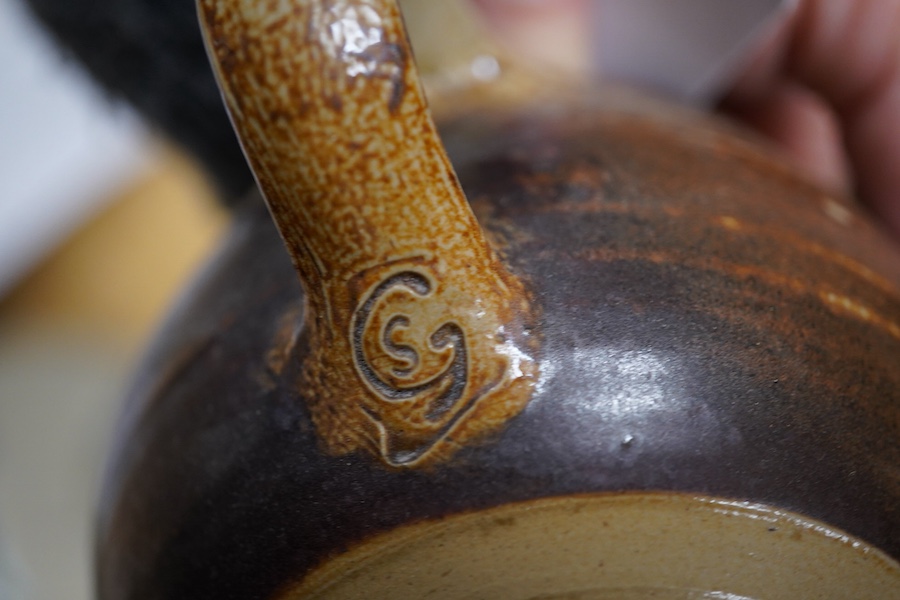 Guy Sydenham (1916-2005), two studio pottery cups and saucers, together with six teacups, incised marks, largest 13.5cm in diameter